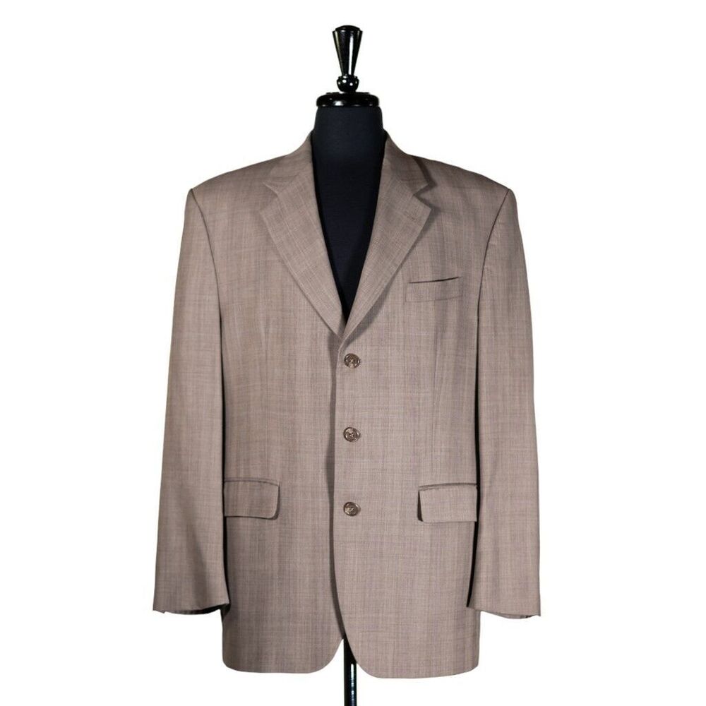 Chaps Ralph Lauren Mens Blazer Beige Plaid 100% Wool Lined Jacket Sport Coat 42R